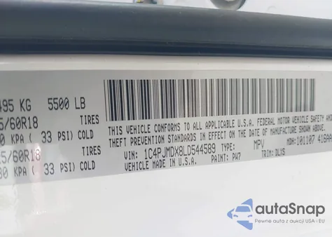 2020 Jeep Cherokee Limited 4X4 z USA, uszkodzony, nr VIN 1C4PJMDX8LD544589